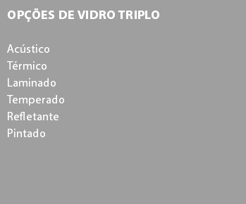 Opções de Vidro Triplo Acústico Térmico
Laminado
Temperado
Refletante
Pintado